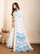White Light Blue Semi Cotton Saree with Table Print and Handwork Matching Blouse