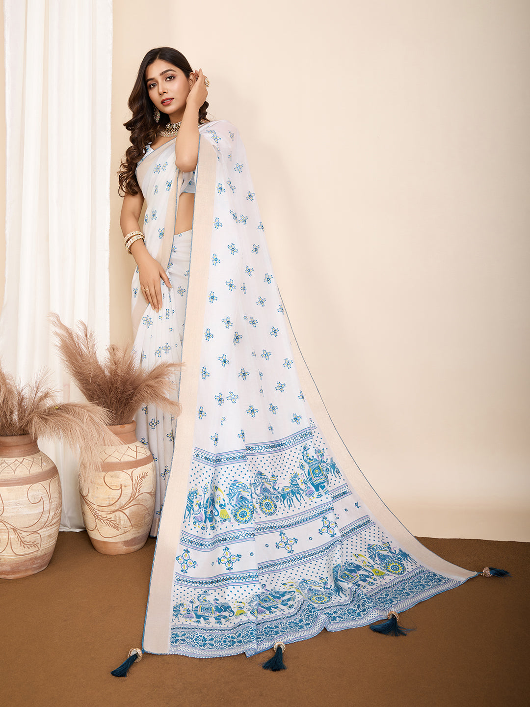 White Light Blue Semi Cotton Saree with Table Print and Handwork Matching Blouse