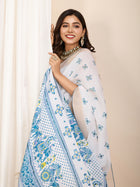 White Light Blue Semi Cotton Saree with Table Print and Handwork Matching Blouse