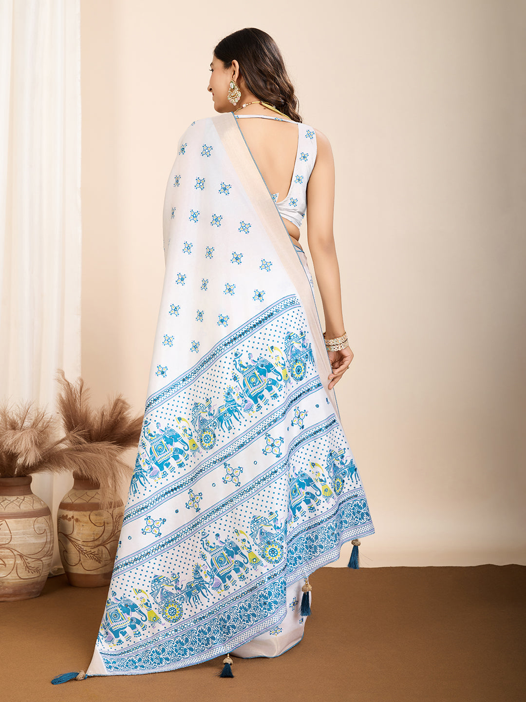 White Light Blue Semi Cotton Saree with Table Print and Handwork Matching Blouse