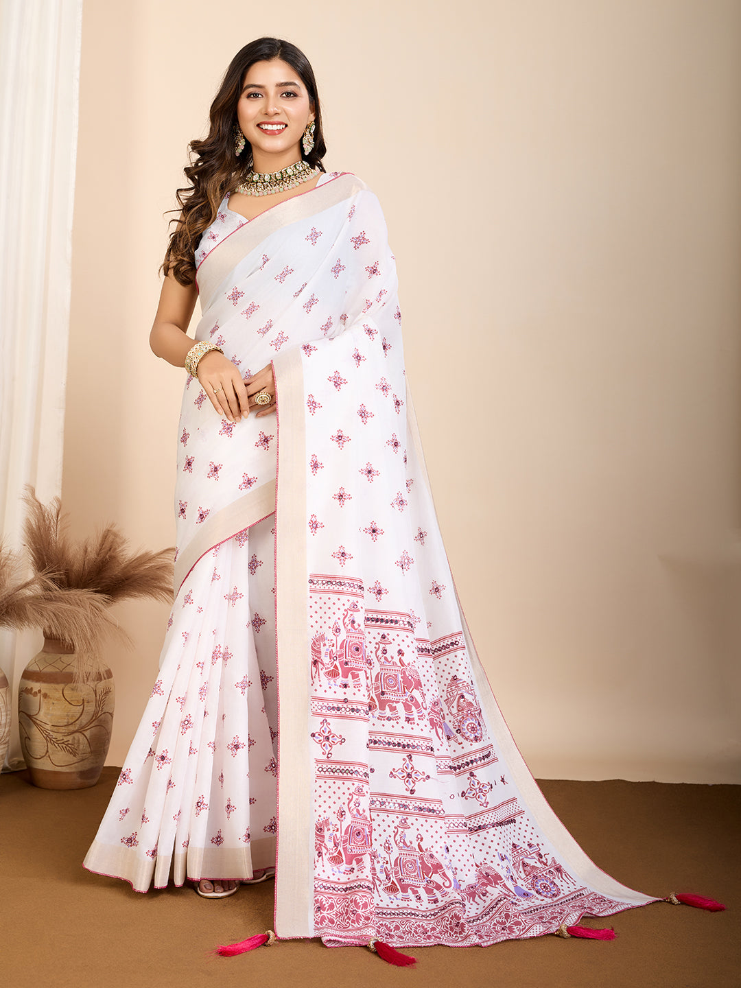 White with Light Pink Semi Cotton Saree with Table Print and Handwork All Over Blouse