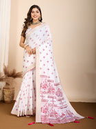 White with Light Pink Semi Cotton Saree with Table Print and Handwork All Over Blouse
