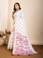 White with Light Pink Semi Cotton Saree with Table Print and Handwork All Over Blouse