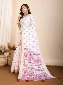 White with Light Pink Semi Cotton Saree with Table Print and Handwork All Over Blouse