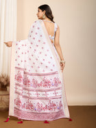 White with Light Pink Semi Cotton Saree with Table Print and Handwork All Over Blouse