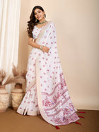 White with Light Pink Semi Cotton Saree with Table Print and Handwork All Over Blouse