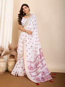 White with Light Pink Semi Cotton Saree with Table Print and Handwork All Over Blouse