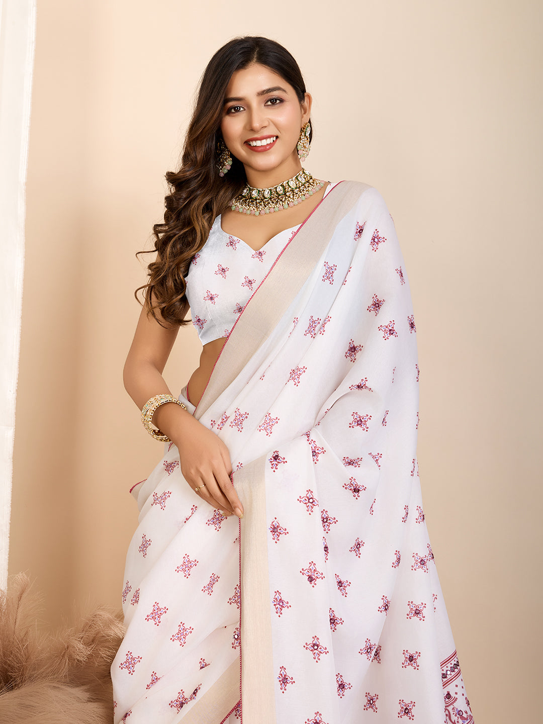 White with Light Pink Semi Cotton Saree with Table Print and Handwork All Over Blouse