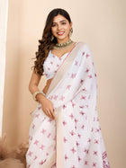 White with Light Pink Semi Cotton Saree with Table Print and Handwork All Over Blouse