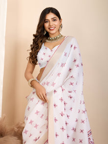 White with Light Pink Semi Cotton Saree with Table Print and Handwork All Over Blouse