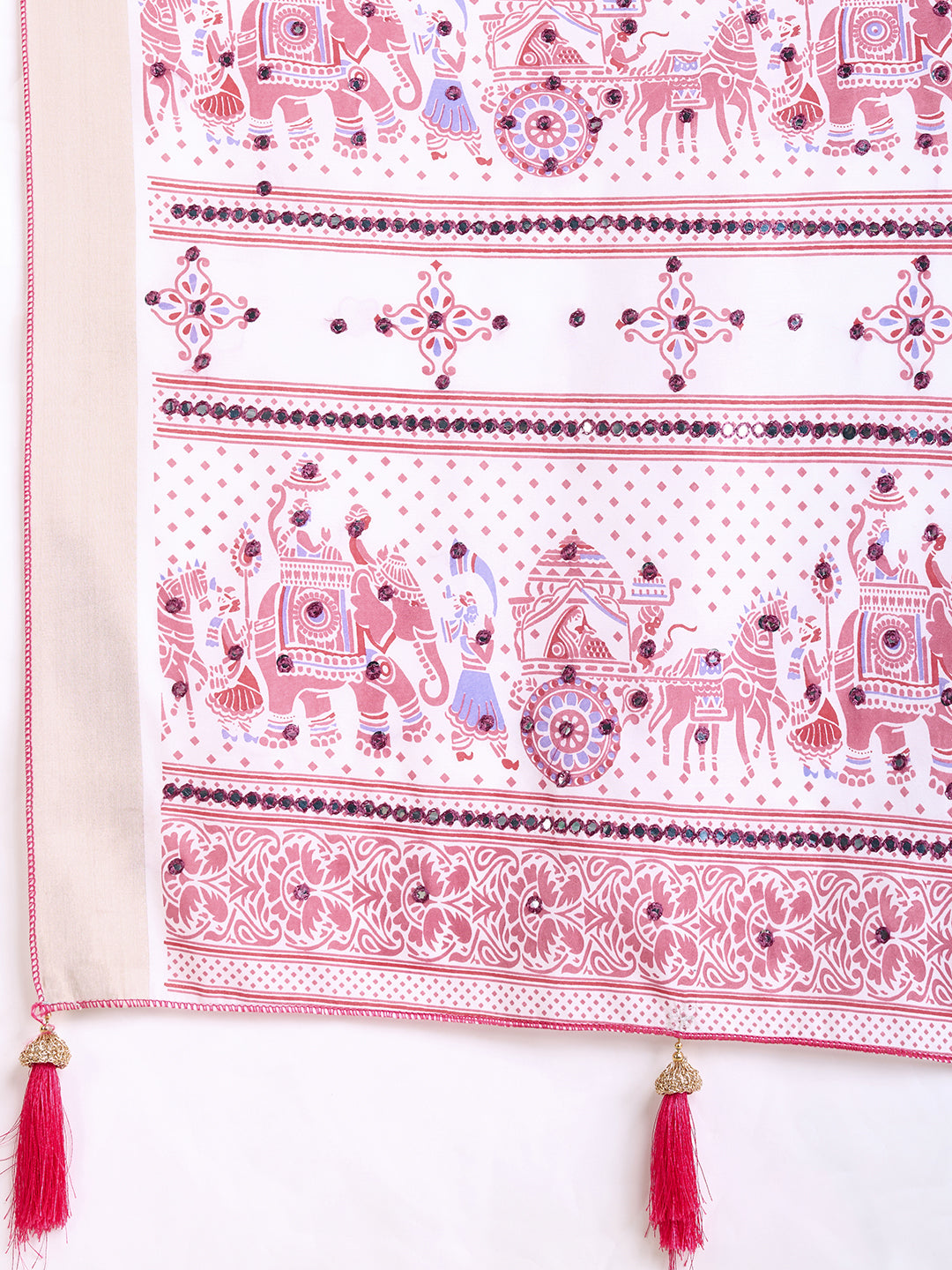 White with Light Pink Semi Cotton Saree with Table Print and Handwork All Over Blouse