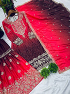Wine Red Embroidered Ombré Palazzo Suit with Dupatta Bridal and Festive Wear