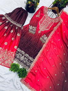 Wine Red Embroidered Ombré Palazzo Suit with Dupatta Bridal and Festive Wear