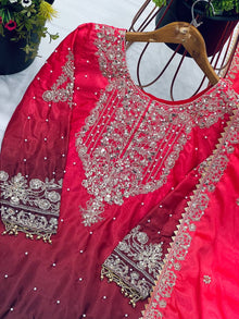 Wine Red Embroidered Ombré Palazzo Suit with Dupatta Bridal and Festive Wear