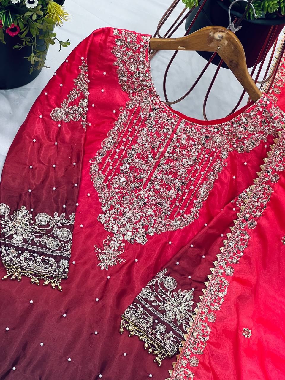Wine Red Embroidered Ombré Palazzo Suit with Dupatta Bridal and Festive Wear