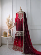 Wine Red Embroidered Ombré Palazzo Suit with Dupatta Bridal and Festive Wear
