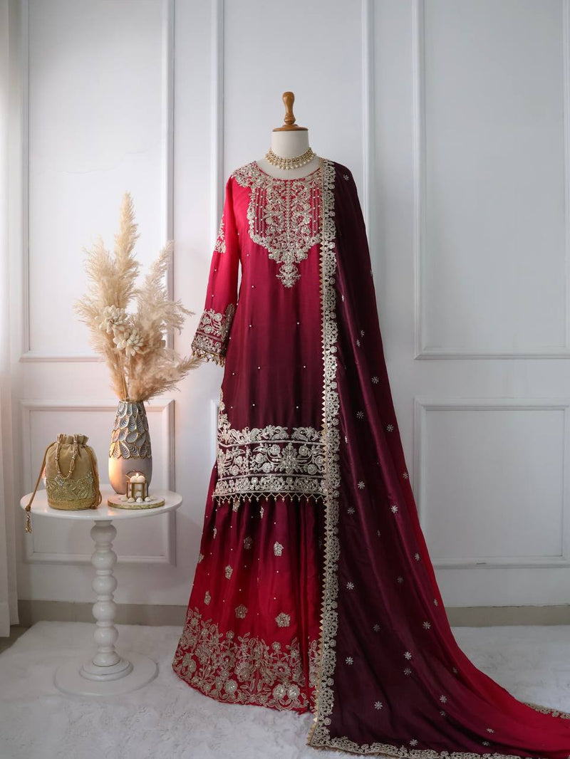 Wine Red Embroidered Ombré Palazzo Suit with Dupatta Bridal and Festive Wear