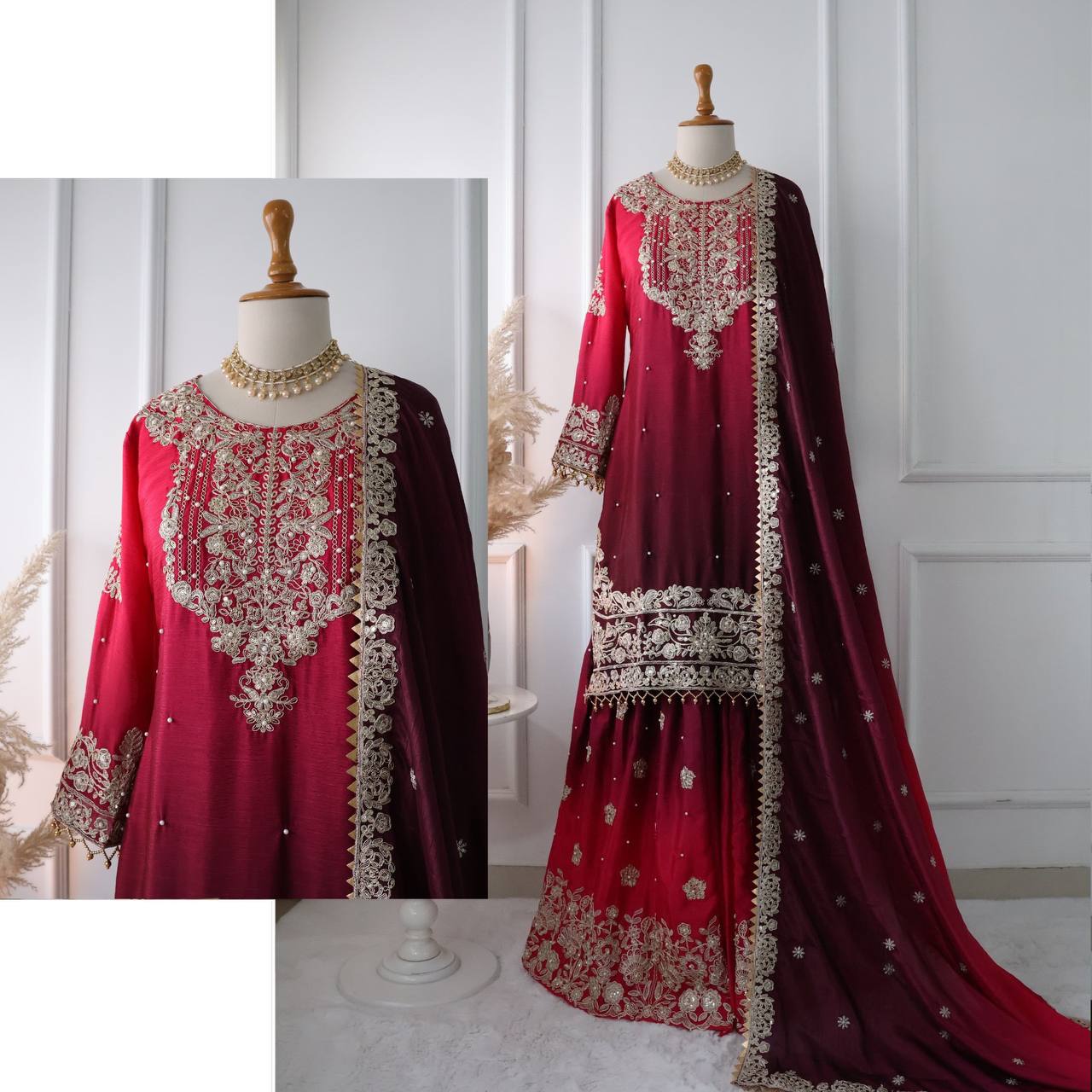 Wine Red Embroidered Ombré Palazzo Suit with Dupatta Bridal and Festive Wear