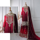 Wine Red Embroidered Ombré Palazzo Suit with Dupatta Bridal and Festive Wear