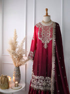 Wine Red Embroidered Ombré Palazzo Suit with Dupatta Bridal and Festive Wear