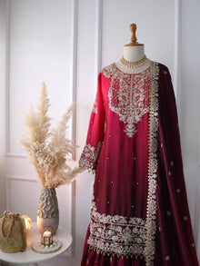 Wine Red Embroidered Ombré Palazzo Suit with Dupatta Bridal and Festive Wear