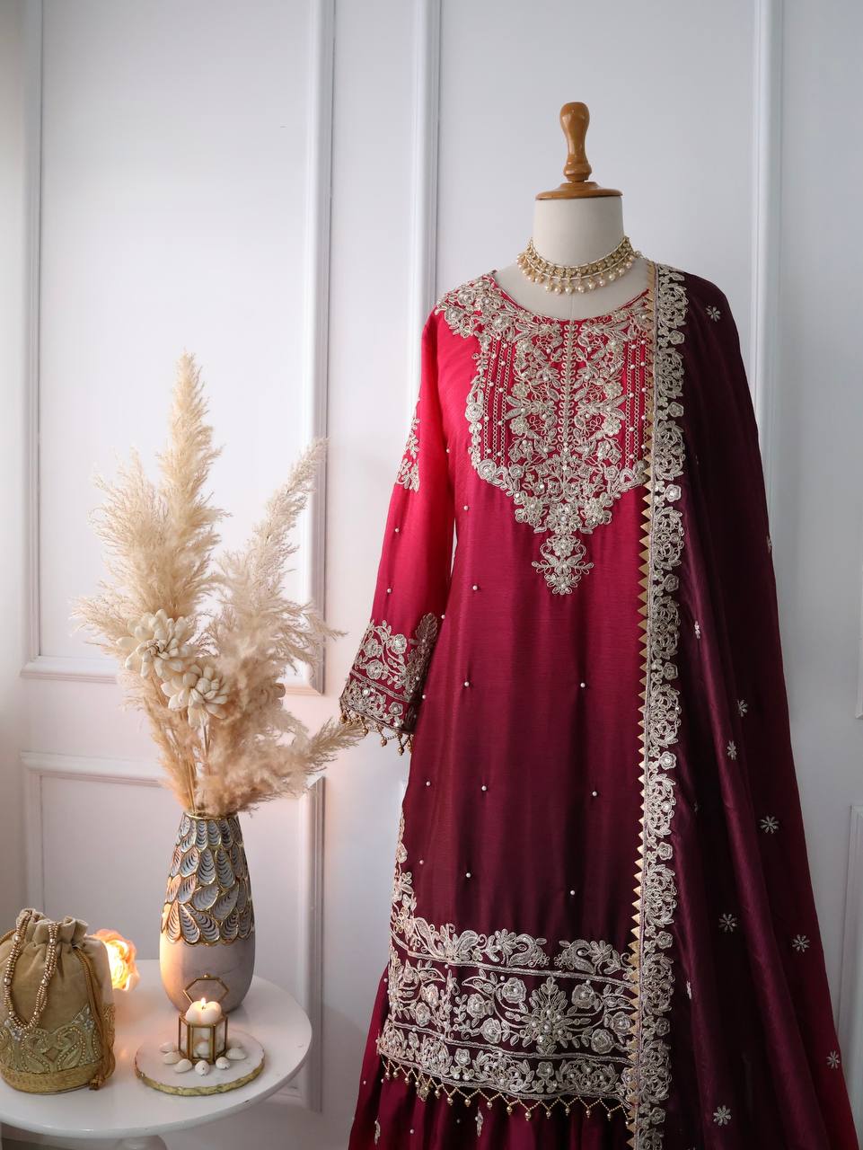 Wine Red Embroidered Ombré Palazzo Suit with Dupatta Bridal and Festive Wear