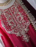 Wine Red Embroidered Ombré Palazzo Suit with Dupatta Bridal and Festive Wear