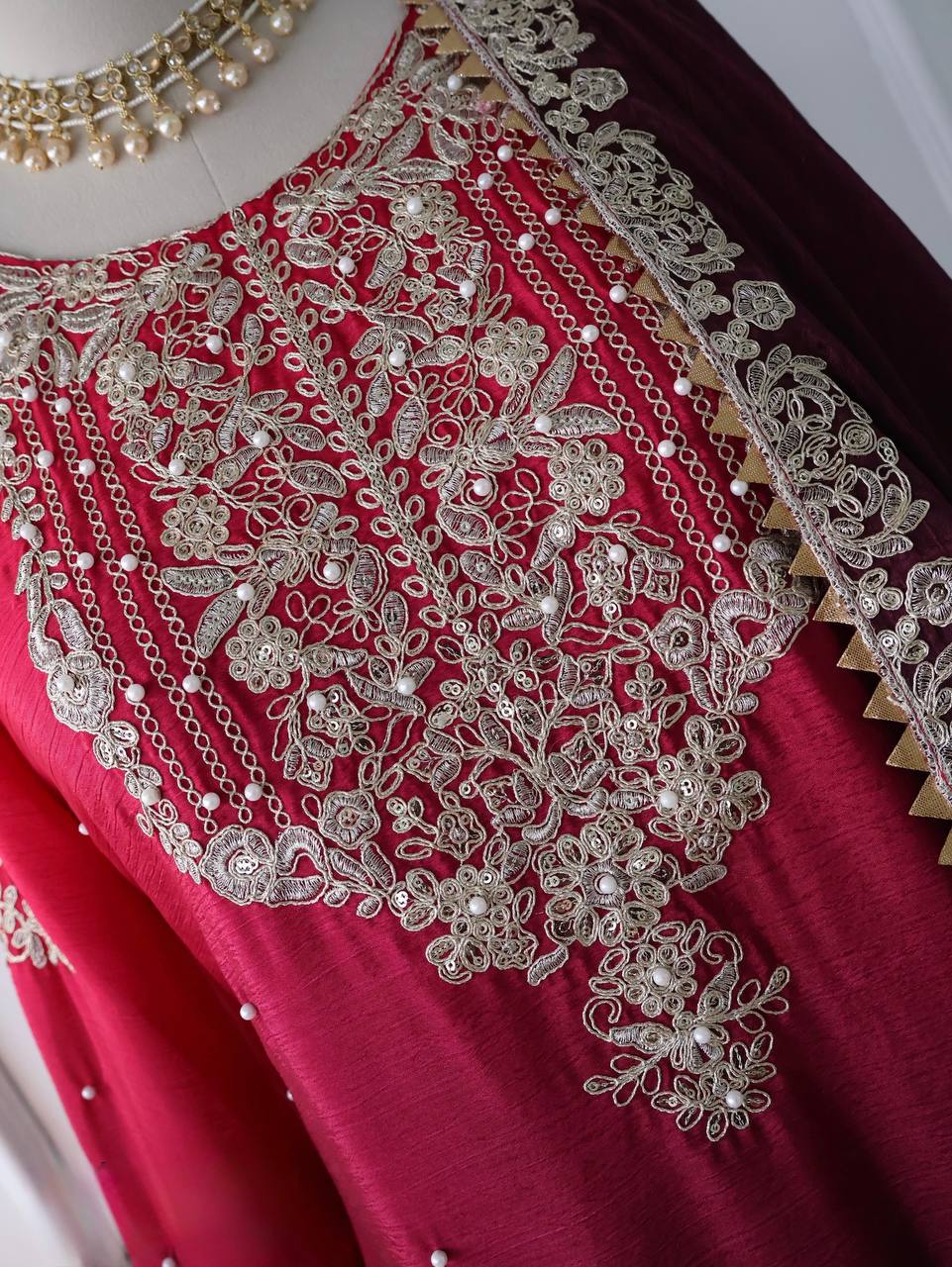 Wine Red Embroidered Ombré Palazzo Suit with Dupatta Bridal and Festive Wear