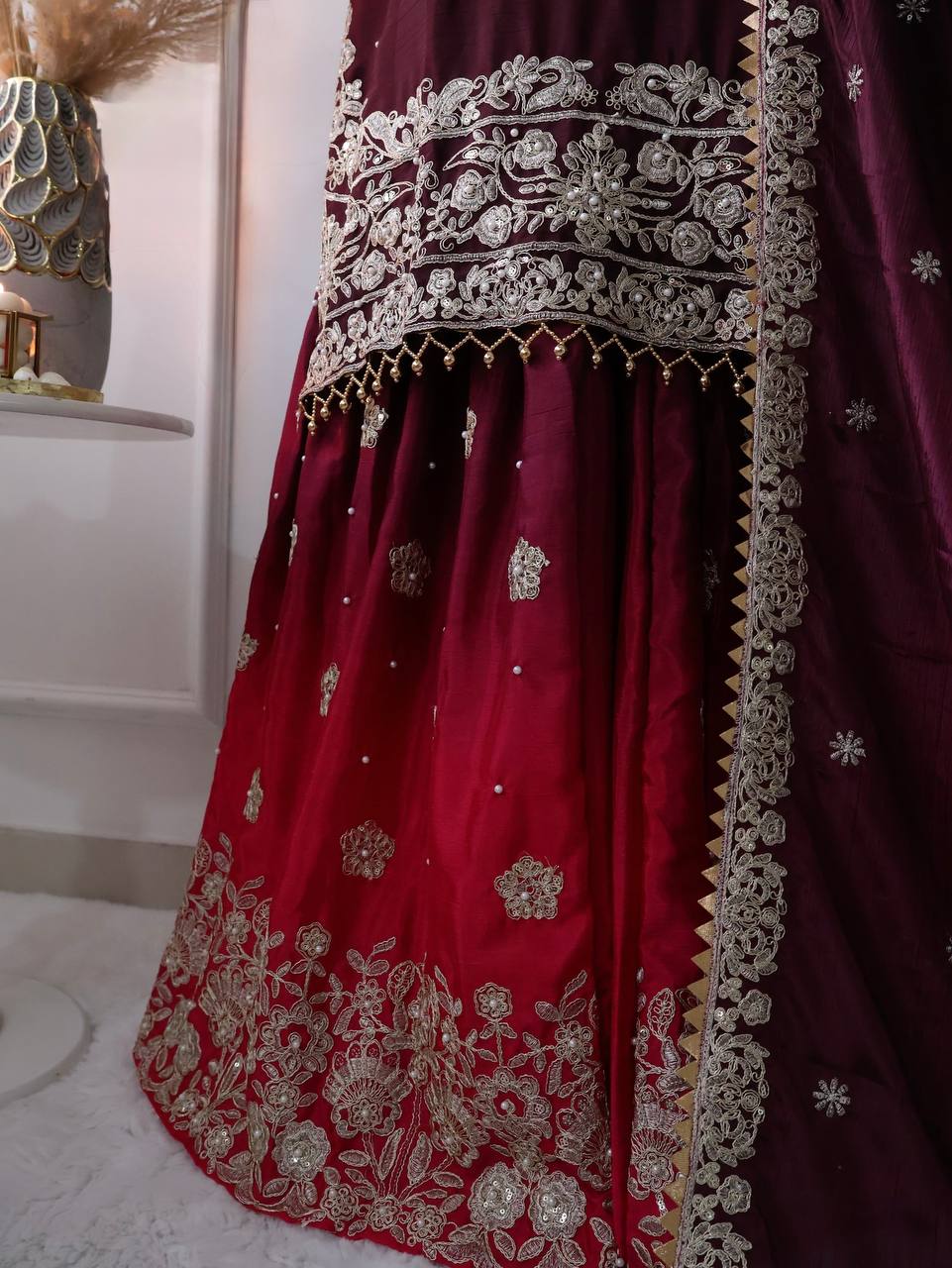 Wine Red Embroidered Ombré Palazzo Suit with Dupatta Bridal and Festive Wear
