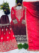Wine Red Embroidered Ombré Palazzo Suit with Dupatta Bridal and Festive Wear