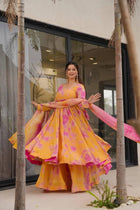 Yellow & Pink Tie-Dye Anarkali Set with Mirror Work Dupatta Elegant Ethnic Wear