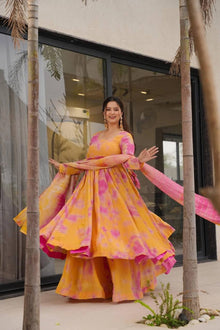 Yellow & Pink Tie-Dye Anarkali Set with Mirror Work Dupatta Elegant Ethnic Wear