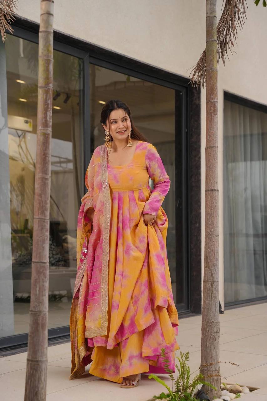 Yellow & Pink Tie-Dye Anarkali Set with Mirror Work Dupatta Elegant Ethnic Wear