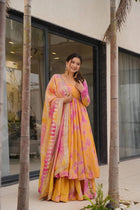 Yellow & Pink Tie-Dye Anarkali Set with Mirror Work Dupatta Elegant Ethnic Wear