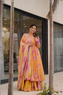 Yellow & Pink Tie-Dye Anarkali Set with Mirror Work Dupatta Elegant Ethnic Wear