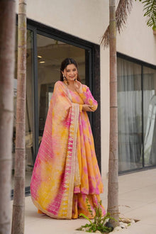 Yellow & Pink Tie-Dye Anarkali Set with Mirror Work Dupatta Elegant Ethnic Wear