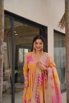 Yellow & Pink Tie-Dye Anarkali Set with Mirror Work Dupatta Elegant Ethnic Wear