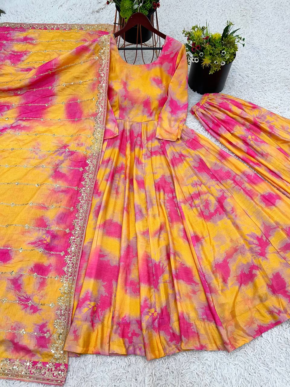 Yellow & Pink Tie-Dye Anarkali Set with Mirror Work Dupatta Elegant Ethnic Wear