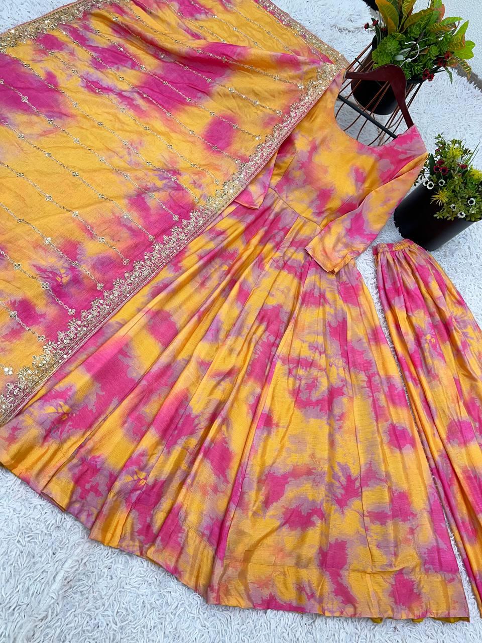 Yellow & Pink Tie-Dye Anarkali Set with Mirror Work Dupatta Elegant Ethnic Wear