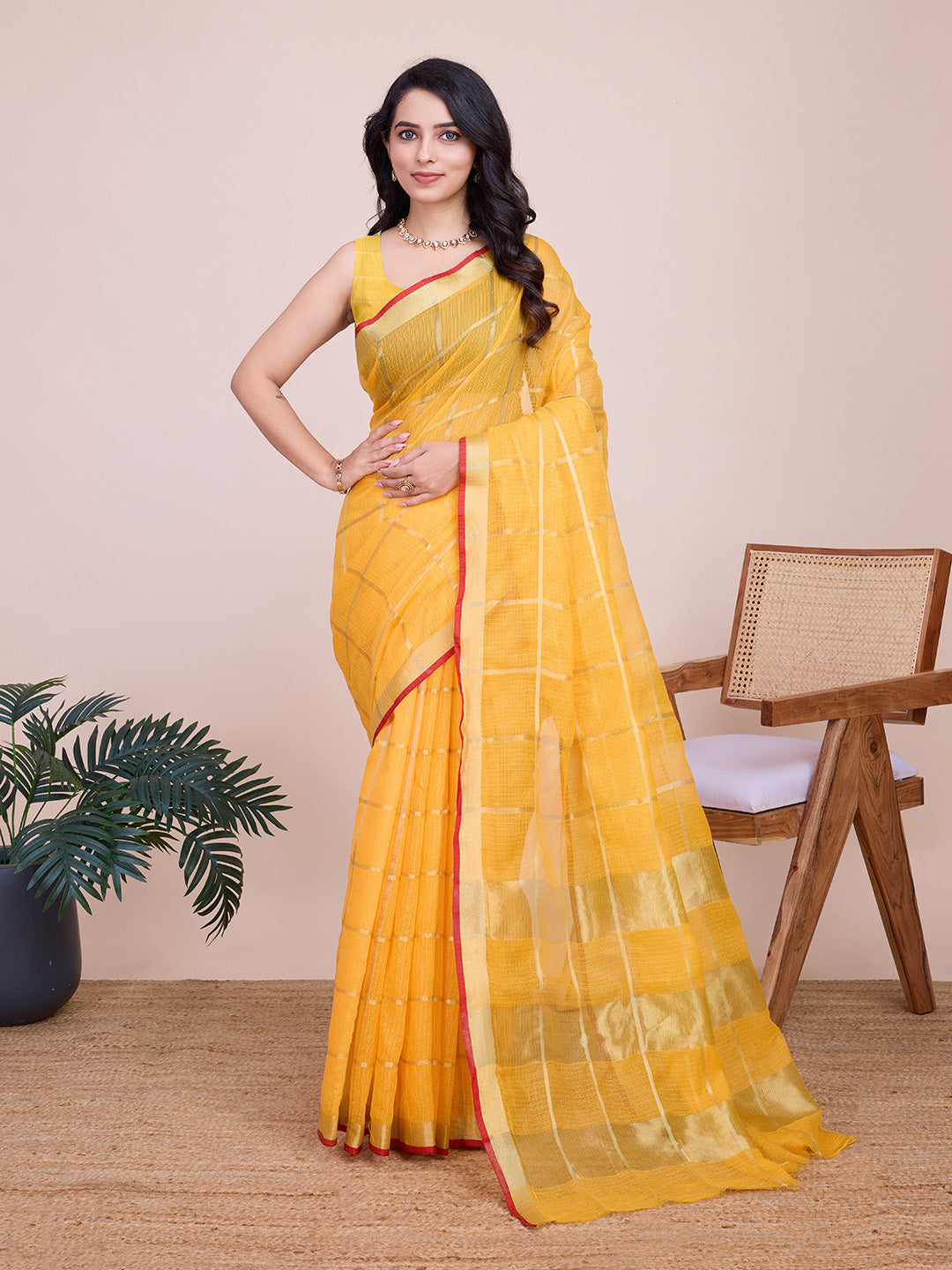 Yellow Kota Doriya Soft Silk Saree Semi Cotton Wedding Saree for Haldi and  Festive Occasions