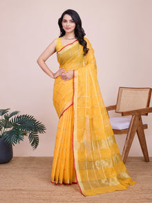 Yellow Kota Doriya Soft Silk Saree Semi Cotton Wedding Saree for Haldi and  Festive Occasions