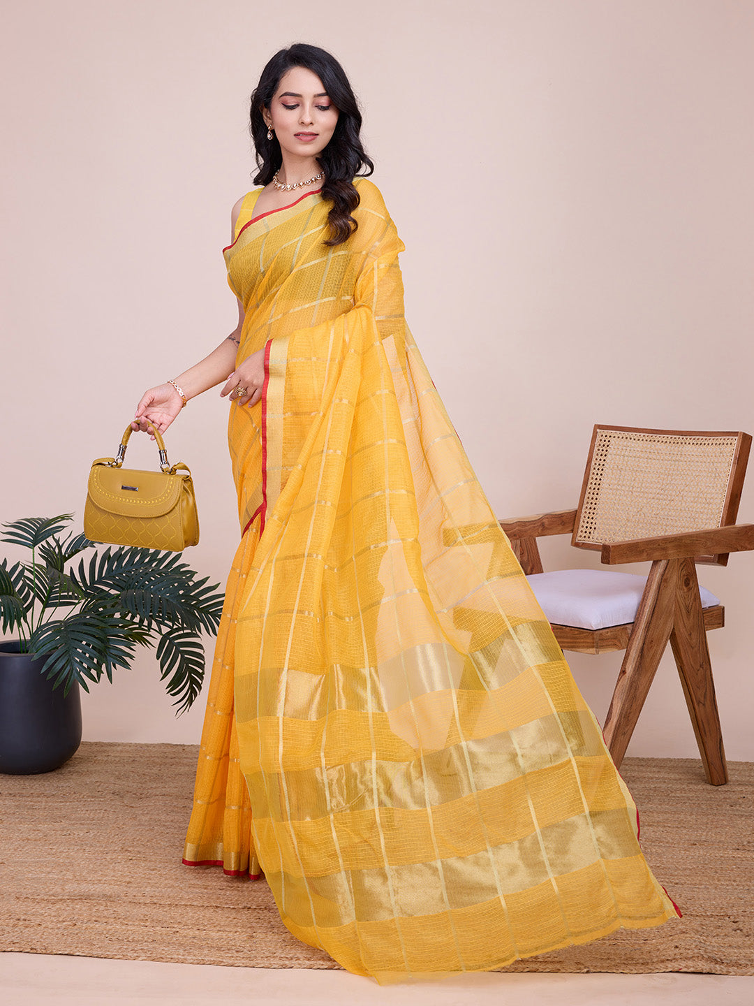 Yellow Kota Doriya Soft Silk Saree Semi Cotton Wedding Saree for Haldi and  Festive Occasions