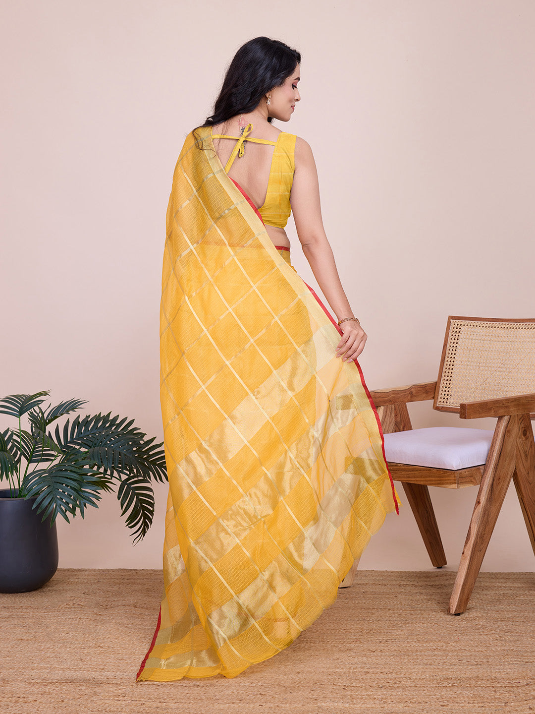 Yellow Kota Doriya Soft Silk Saree Semi Cotton Wedding Saree for Haldi and  Festive Occasions