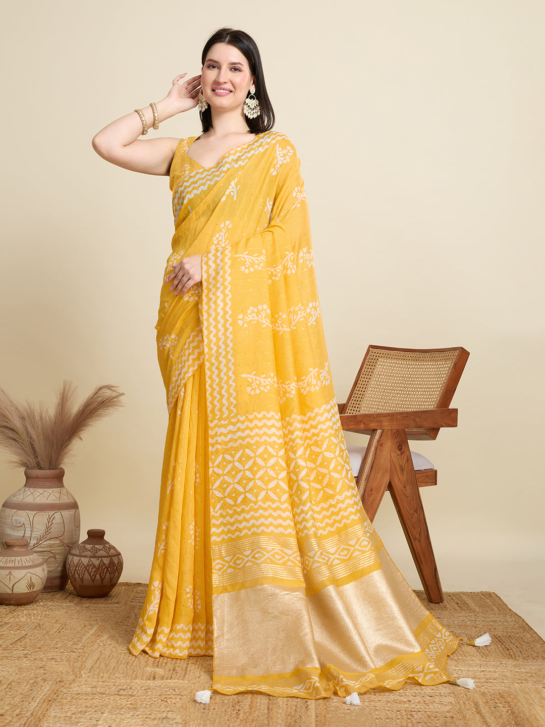 Yellow Semi Cotton Saree with Printed Design and Jari Pallu  Includes Blouse Piece