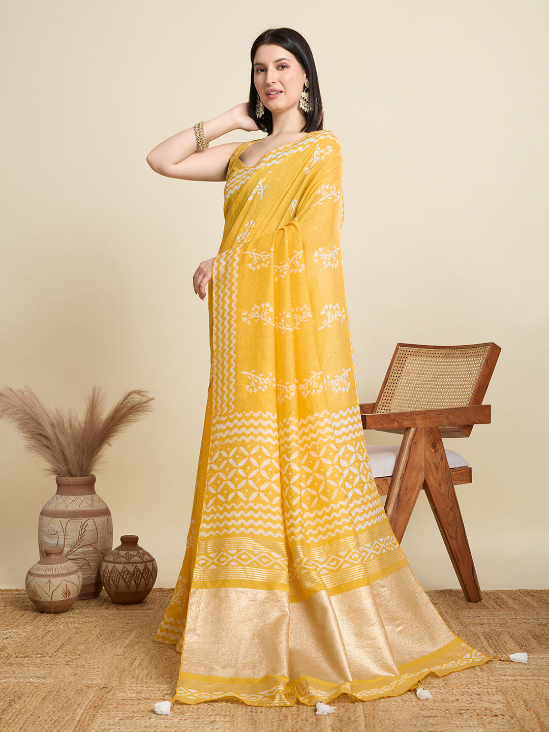 Yellow Semi Cotton Saree with Printed Design and Jari Pallu  Includes Blouse Piece