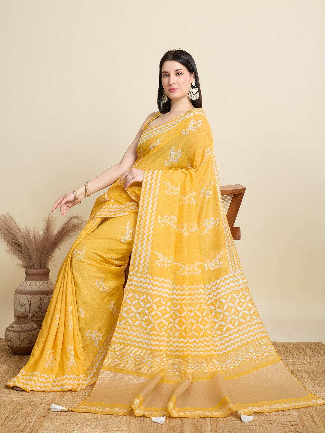 Yellow Semi Cotton Saree with Printed Design and Jari Pallu  Includes Blouse Piece
