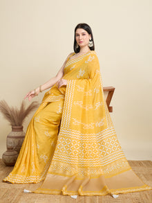 Yellow Semi Cotton Saree with Printed Design and Jari Pallu  Includes Blouse Piece